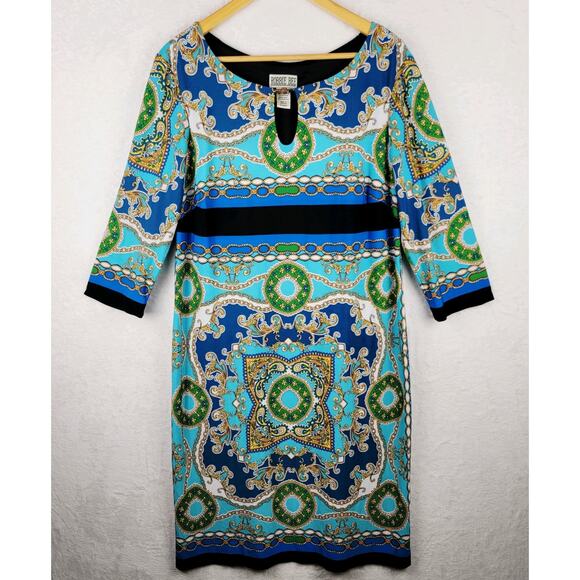 Bohemian Dress XL Midi Knit Sheath 3/4 Sleeve Blue Colorful Equestrian Design - Picture 1 of 8